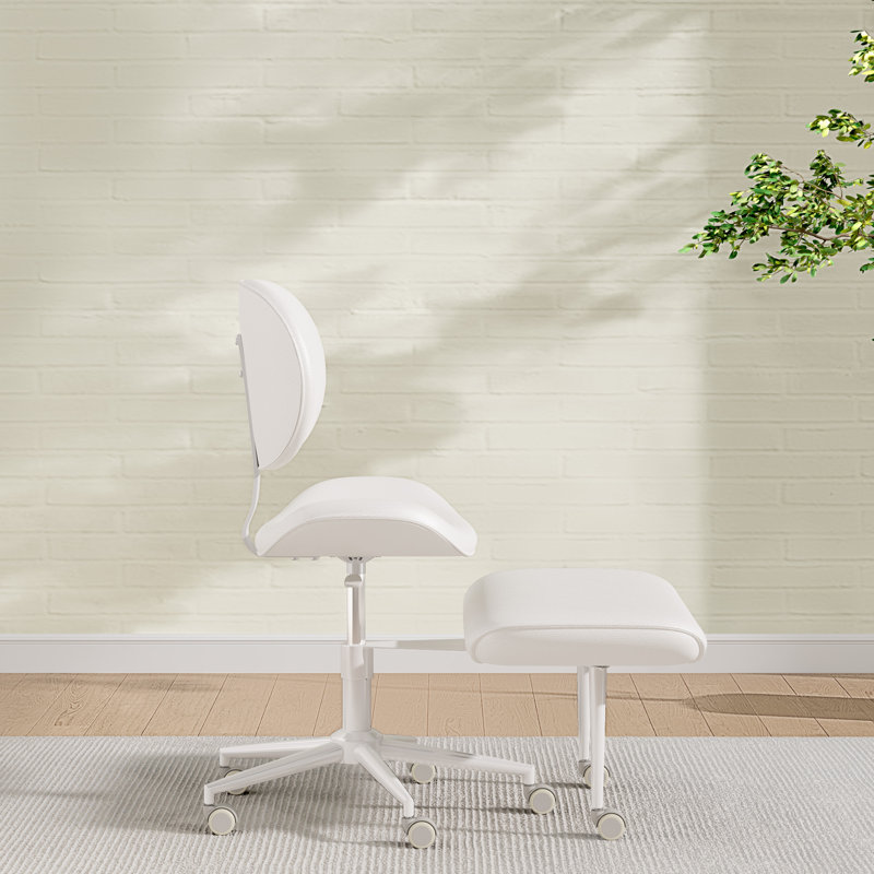 18.9" Seat Width Ergonomic Cross-Legged White Office Chair with 27.9" Integrated Footstool, PU Leather Swivel Desk Chair with Adjustable Height and Back Support Ideal for Home, Office
