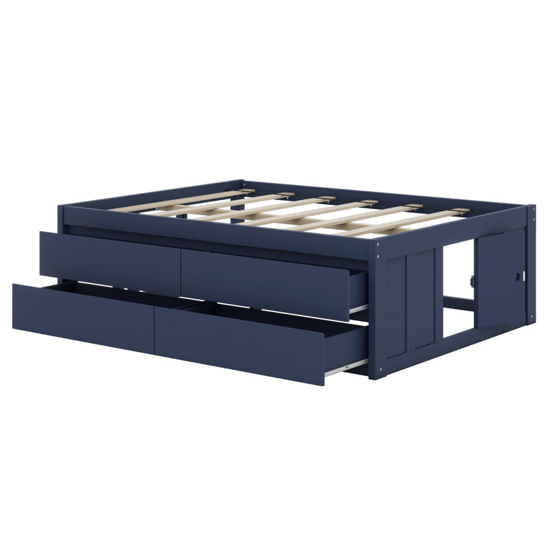 Platform bed with pull-out drawers features vertical panel detailing for modern farmhouse style, Double, Navy Blue