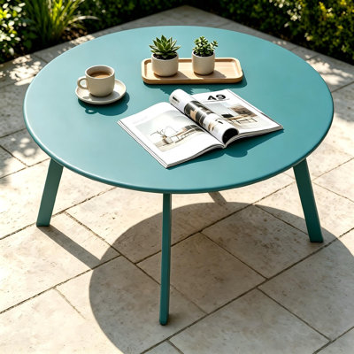 27.5" Round Steel Patio Coffee Table, Weather‑Resistant Outdoor Large Side Table for Patio, Balcony, Backyard, Gray Green