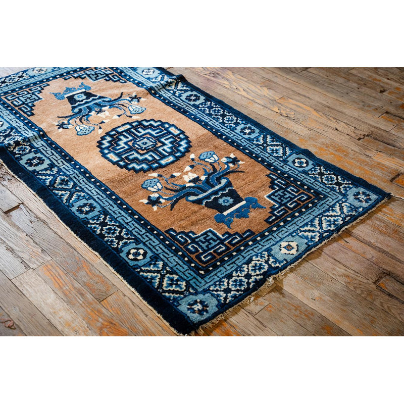 1920s Antique Traditional Brown Medallion Vase Knotted Wool Chinese Art Deco Rug
