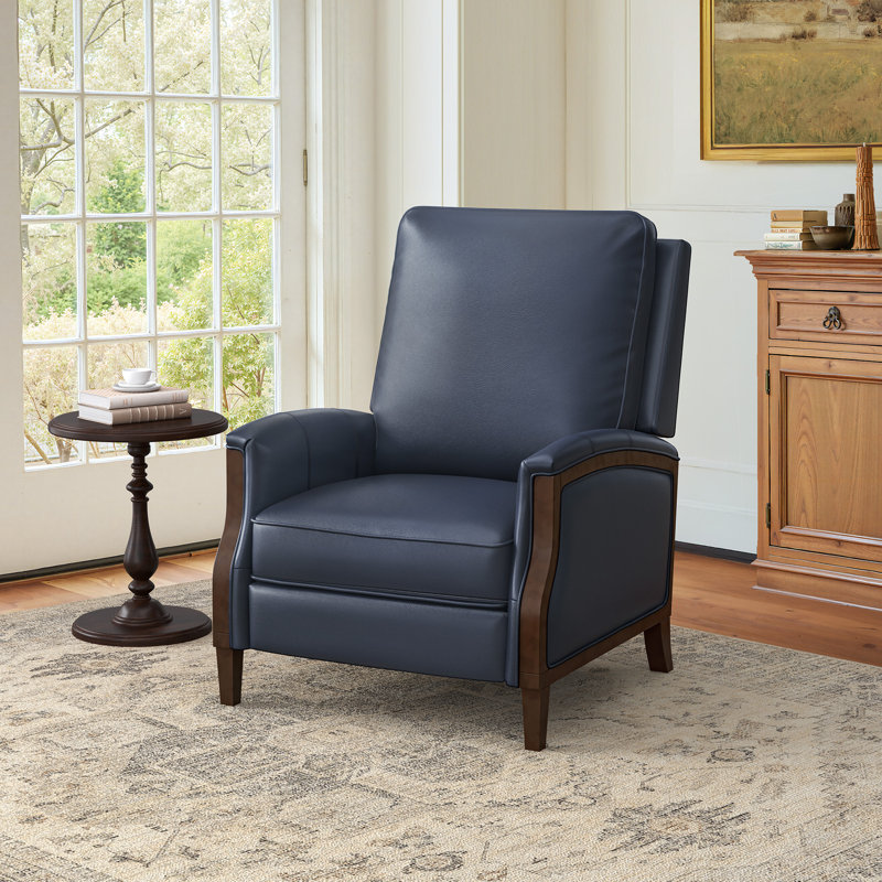 Liauro 32.3" Wide Genuine Leather Manual Push Back Recliner with Solid Wood Handrail, Navy Faux Leather