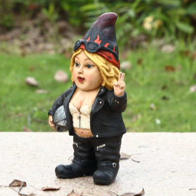 Statue de femme gnome motard avec casque