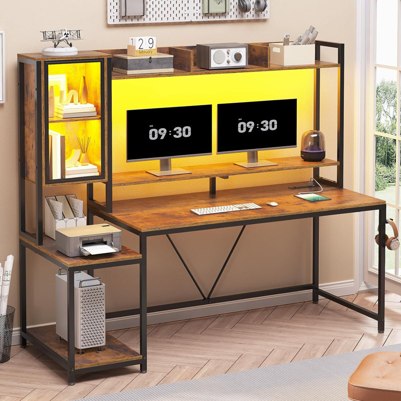 Gaming Desk With Led Lights & Power Outlets, Computer Desk With Hutch, Home Office Desk With Monitor Stand, Display Cabinet, Hooks & Cpu Stand
