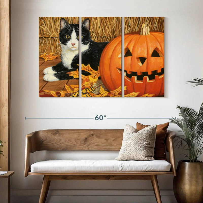 Citrouille d'Halloween et chaton noir, H 32 po x l 50 po