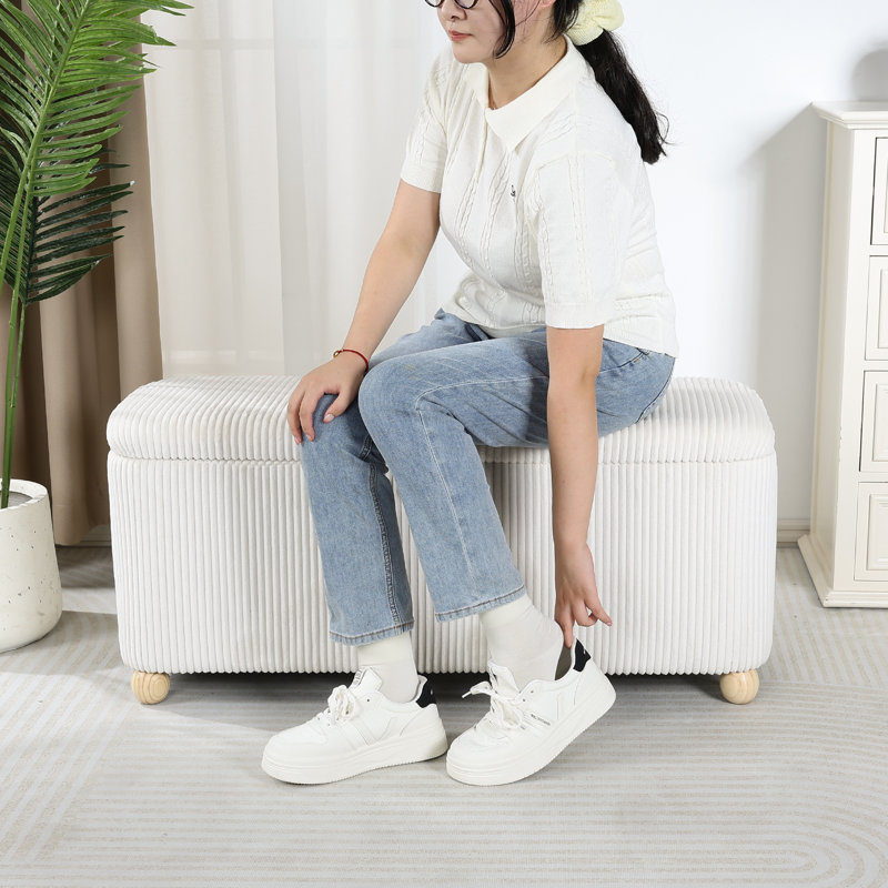 Banc de rangement en velours, Velours côtelé crème