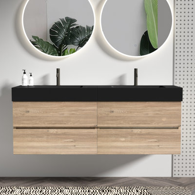 Meuble-lavabo de 152 cm (60 po), lavabo noir mat, tiroirs en chêne brut, design moderne du milieu du siècle, double poignée dissimulée, matériaux de qualité E1, finition E0, style quartz flottant, construction laquée