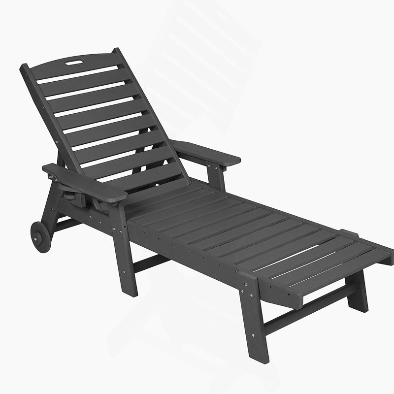 Outdoor Lounge Chair With Wood Texture, Oversized Chaise Lounge With 5 - Position Adjustment, Hdpe Material, Wheels And Cup Holder For Patio Relaxation