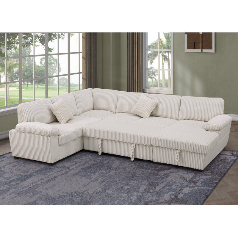 L-Shaped Sectional Sofa Bed Pull Out Sleeper Couch With Storage Chaise, Beige Chenille