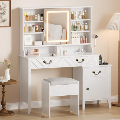 Vanity Desk with Sliding Mirror, Makeup Table with Drawers, Storage Cabinet, Hair Dryer Rack – Adjustable Dressing Table Set with Stool – White Wood Grain