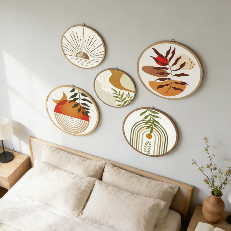 5-Piece Boho Wooden Wall Art Set - Handcrafted Sustainable Birch Wall Decor with Earthy Tones, Minimalist Geometric Design for Bedroom, Living Room, Bathroom, Yoga Studio | Easy Hang & Natural Finish
