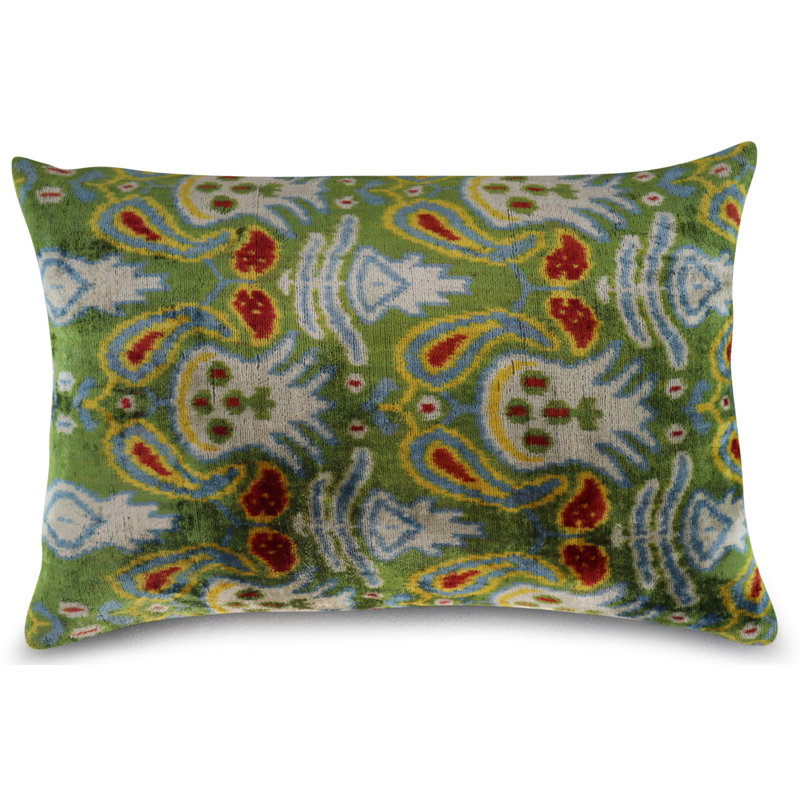 Velvet Lumbar Pillow Cover & Insert, Green/Red/Blue Paisley 1