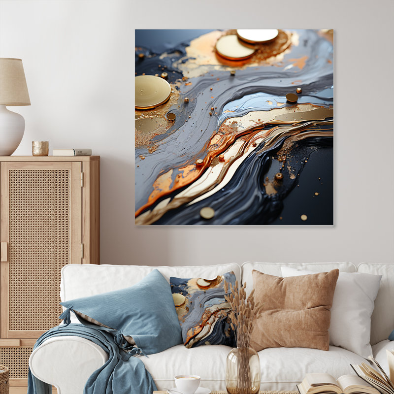 Gold And Grey Modern Liquid Shapes II - Abstract Metal Wall Art Decor, 29" H x 29" W