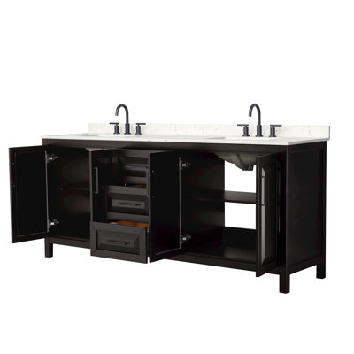 Meuble-lavabo double 80 po Daria en espresso foncé, comptoir en marbre de culture de Carrare, lavabos carrés encastrés (3 trous), garniture noir mat