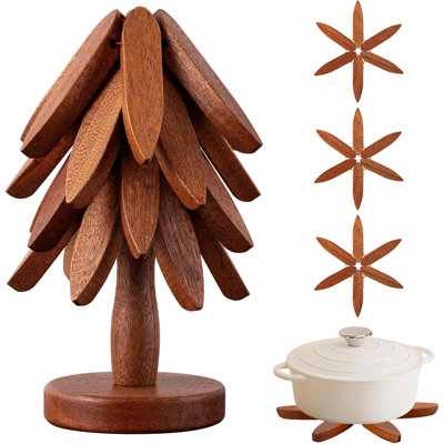 4 Pcs Black Walnut Foldable Wooden Trivet Set with Stand, Natural Wood Heat Resistant Trivet for Hot Pot Bowl Teapot Kitchen Decor