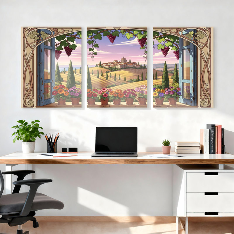Paysage toscan avec vignoble et pots de fleurs, reproduction d'art sur toile tendue sur toile, ensemble de 3, 2436