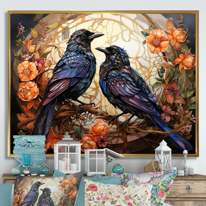 Corbeau enchanté monarques sur toile, H 12 po x l 20 po x P 1 po, Cadre flottant doré
