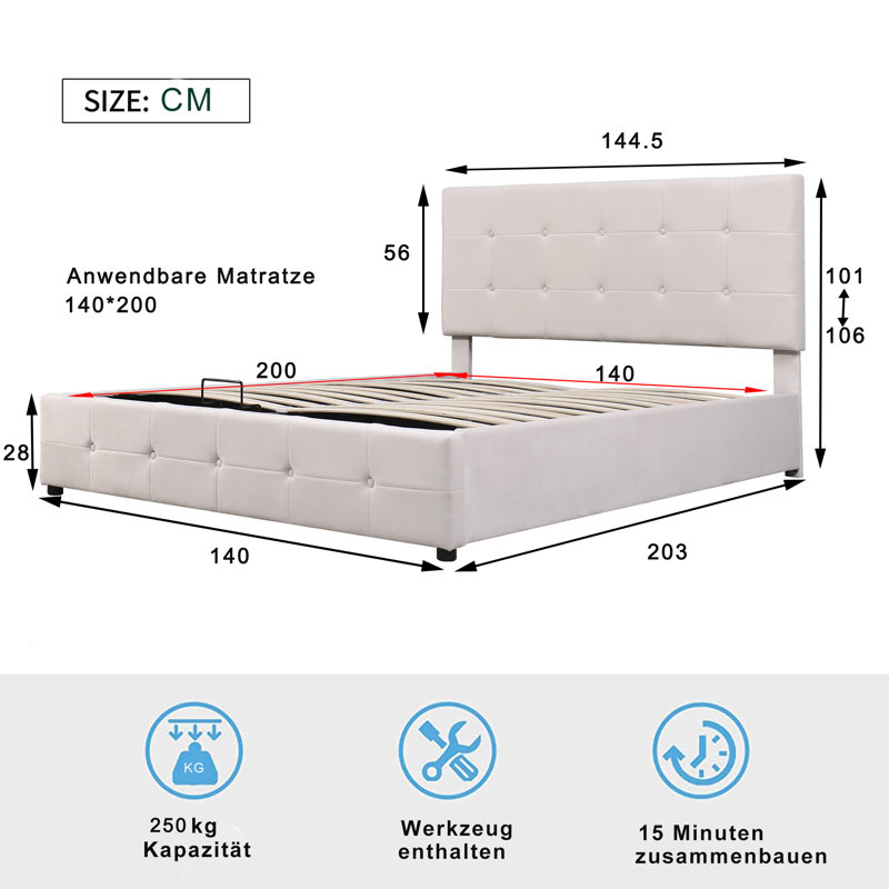 Brinsley Upholstered Velvet Lift Up Storage Ottoman Bed, White