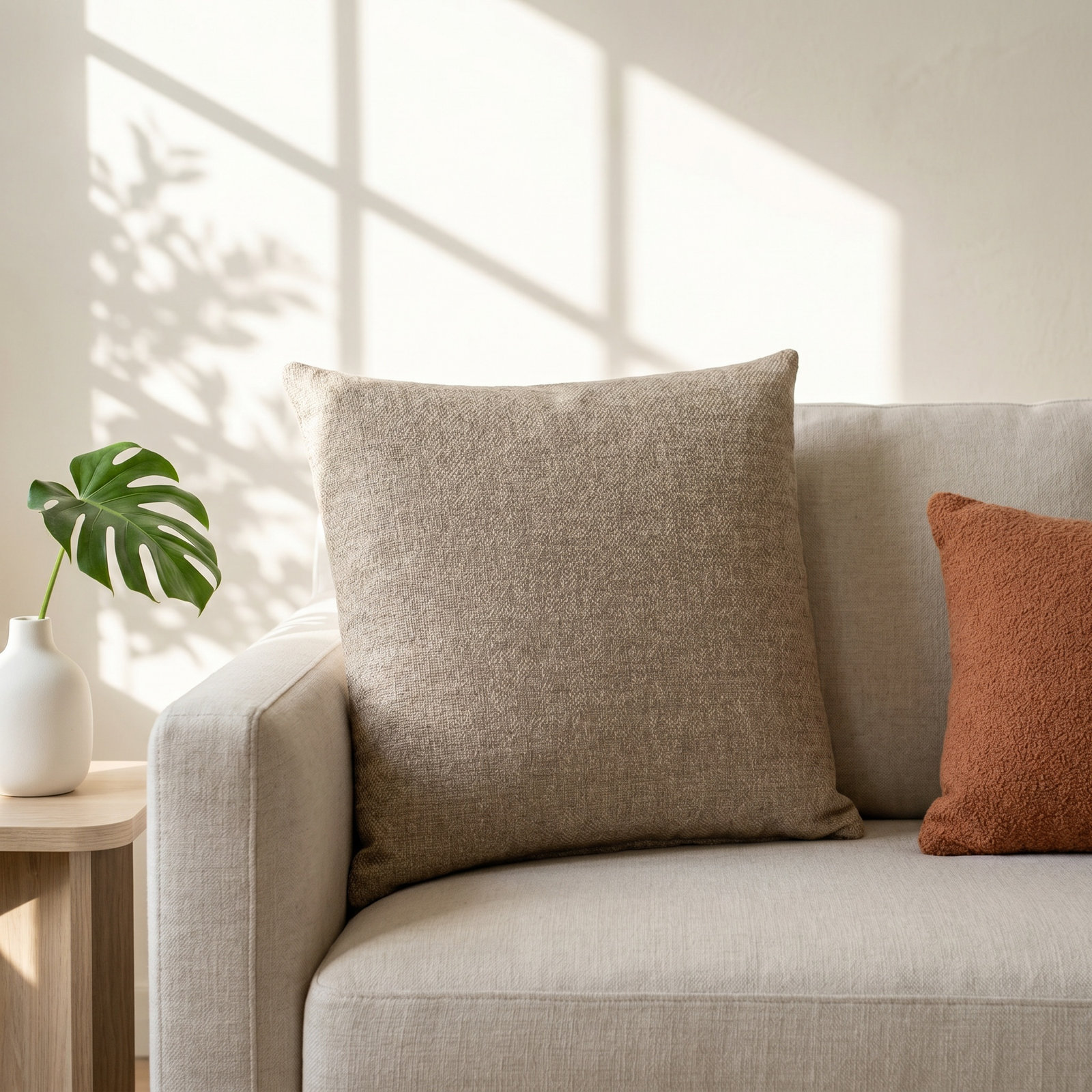 Eevi Solid Throw Pillow, Feather, Beige, Square 20"