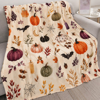 Cozy Halloween Throw Blanket, Autumn Pumpkin Bat Leaf Print Plush Bed Blanket for Sofa Couch Bedroom Living Room Home Decoration
