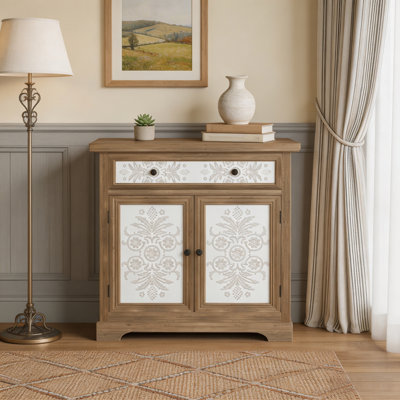 Rustic Vintage Accent Cabinet with Carved Floral Panels, Distressed Wood Sideboard with Drawer and Double Doors – Farmhouse Storage Cabinet for Living Room, Entryway & Bedroom