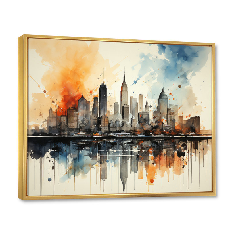 Aquarelle colorée de paysage urbain coloré de New York II - New York, Cadre flottant doré, H 12 po x l 20 po x P 1 po