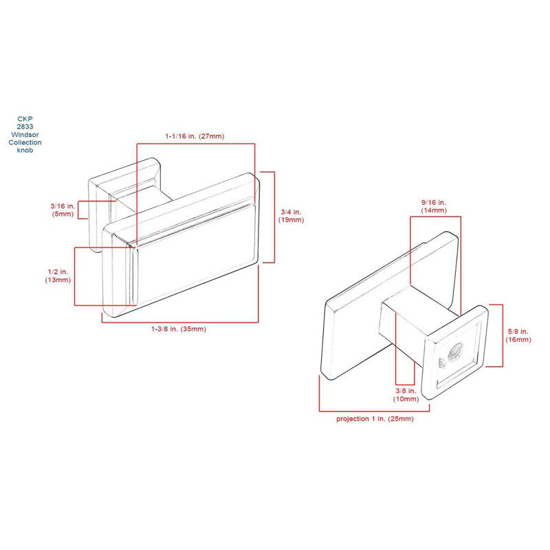 1.3" Length Rectangle Knob, Polished Nickel