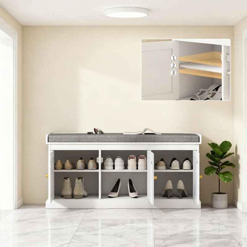 Banc de rangement pour chaussures avec portes en rotin tissé, banc de chaussures avec coussin