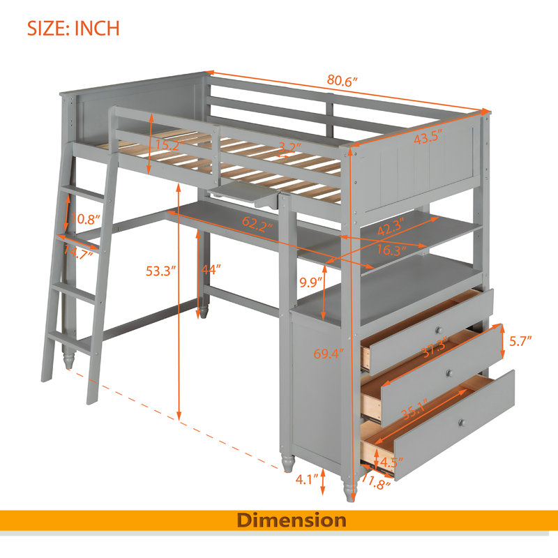 Lit mezzanine simple avec tiroirs et bureau, Gris