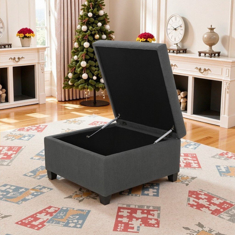Tufted Upholstered Fabric Storage Ottoman With Birch Wood Legs, Dark Gray