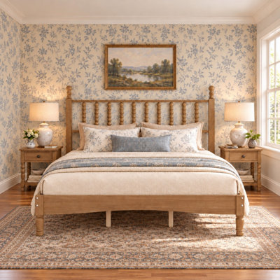 Wood Platform Bed with Gourd-Shaped Headboard and Slat Support, Natural