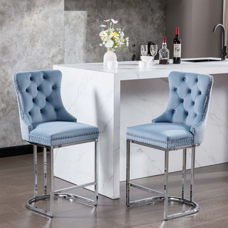 Velvet Upholstered Metal Bar Stools Set with Tufted Back and Nailedhead Trim, Light Blue