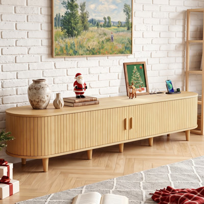 Meuble télé moderne de style Mid-Century avec prises électriques et étagères de rangement pouvant accueillir des téléviseurs jusqu'à 95 pouces, console multimédia en bois avec porte tambour pour salon et chambre, chêne