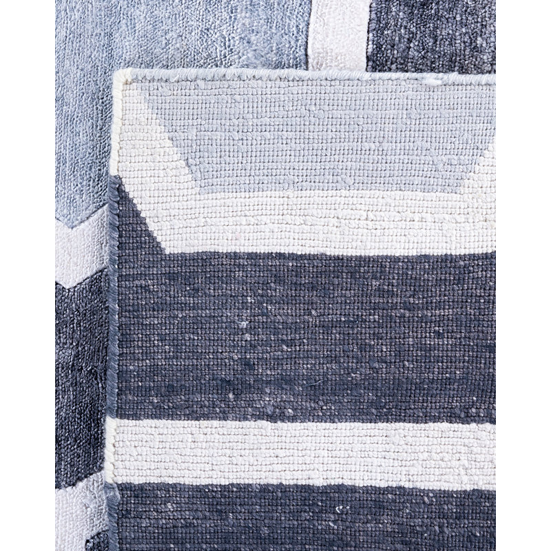 Gray and White Hand-Knotted Silk Rectangular Area Rug