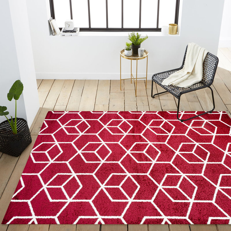 Mashawna Blocks Modern Geometric Red/White Rug, Rectangle 4' x 6'