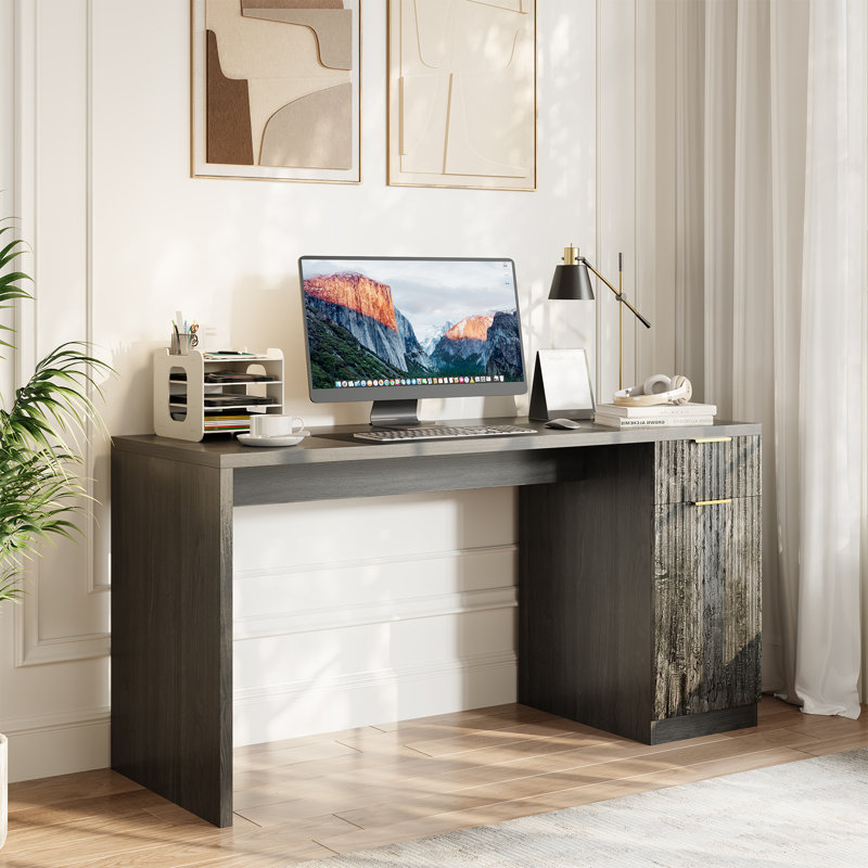 Executive Desk with Drawer and Power Outlet, 61" Large Farmhouse Computer Desk Home Office Wood Executive Desk with Adjustable Shelf for Work Study Writing, Grey