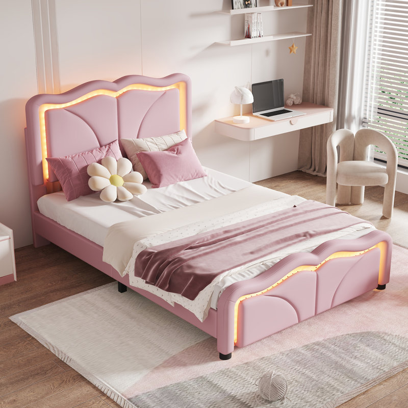 Lit plateforme double tapissier pleine grandeur avec tête de lit courbée réglable et bandes lumineuses à DEL, rose, Rose