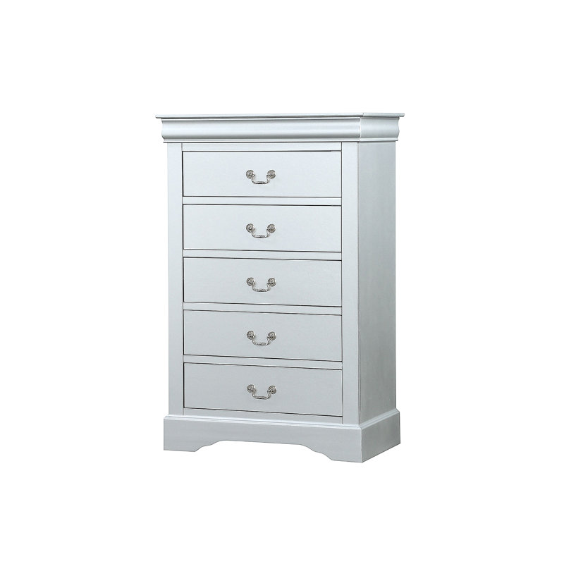 Commode 5 tiroirs avec poignées en métal, Argent argent