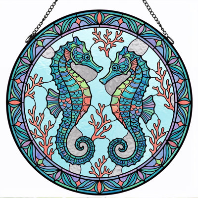 Panneau de vitrail en forme de hippocampe, H 12 po