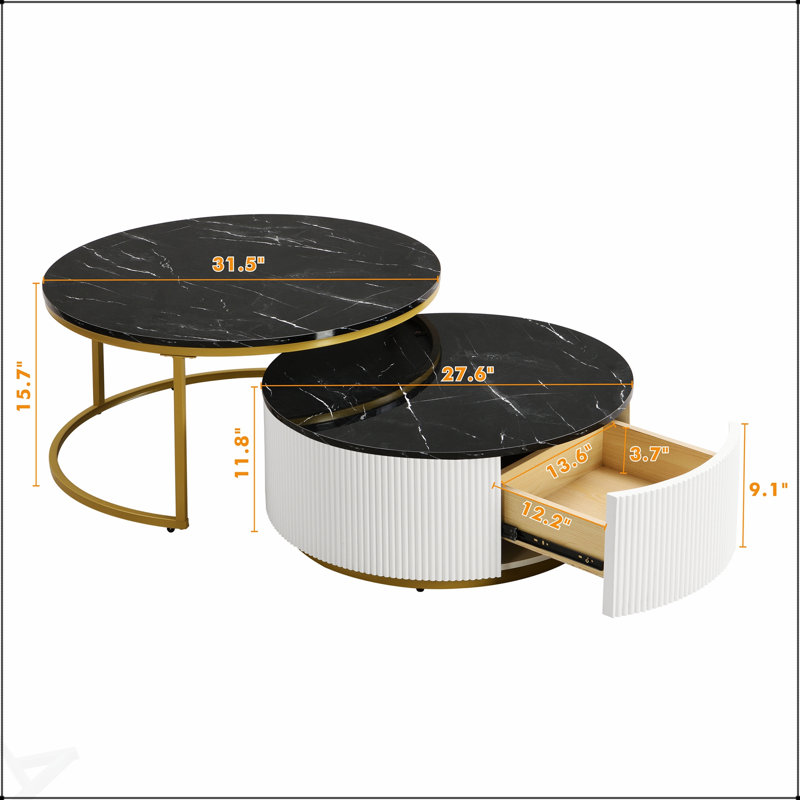 Table basse gigogne ronde moderne avec un design cannelé et un tiroir en noir et or, parfait pour les espaces de vie élégants et flexibles