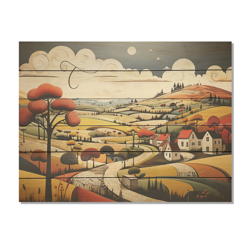 Paysage champêtre de Stijl Lansdcape - campagne, art mural sur bois de pin naturel, H 30 po x l 40 po