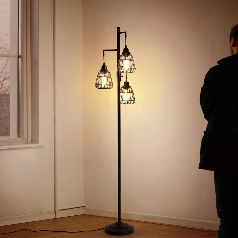 68" Industrial Farmhouse Floor Lamp With 3 Teardrop Cages & 3 Dimmable Led Edison Bulbs, Tall Standing Lamp For Living Room, Bedroom, Office