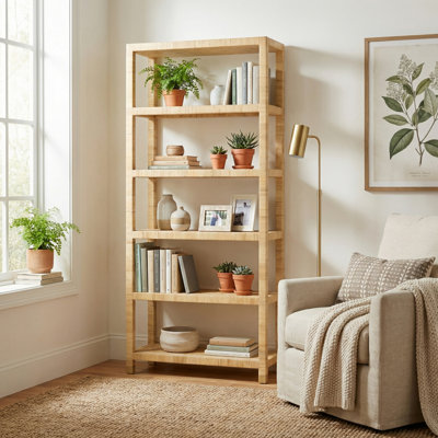 Crosby 82.25 In. Tan Raffia 5 Shelf Etagere_Bookcase