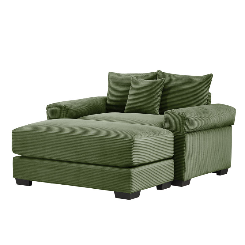 Flyn 54.3" Corduroy Upholstered Accent Chair with Ottomans & Pillow, Green
