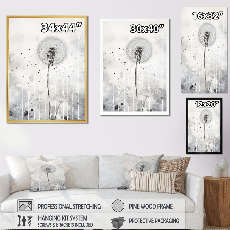 Dandelion Mute Tone III, reproduction d'art sur toile, Cadre naturel flottant, 32" H x 16" W