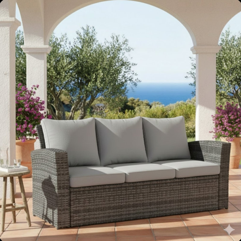Canapé de patio 67,7 po en osier 3 places avec coussins gris épais et structure noire, Gray