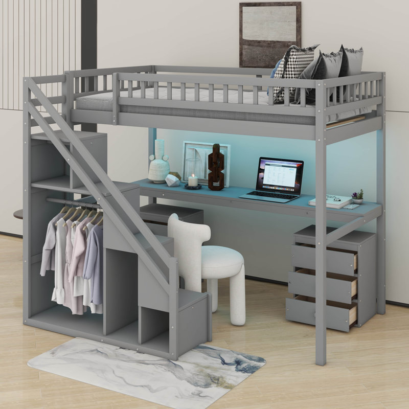 Lit mezzanine simple avec tiroirs, bureau et lumière, Gris