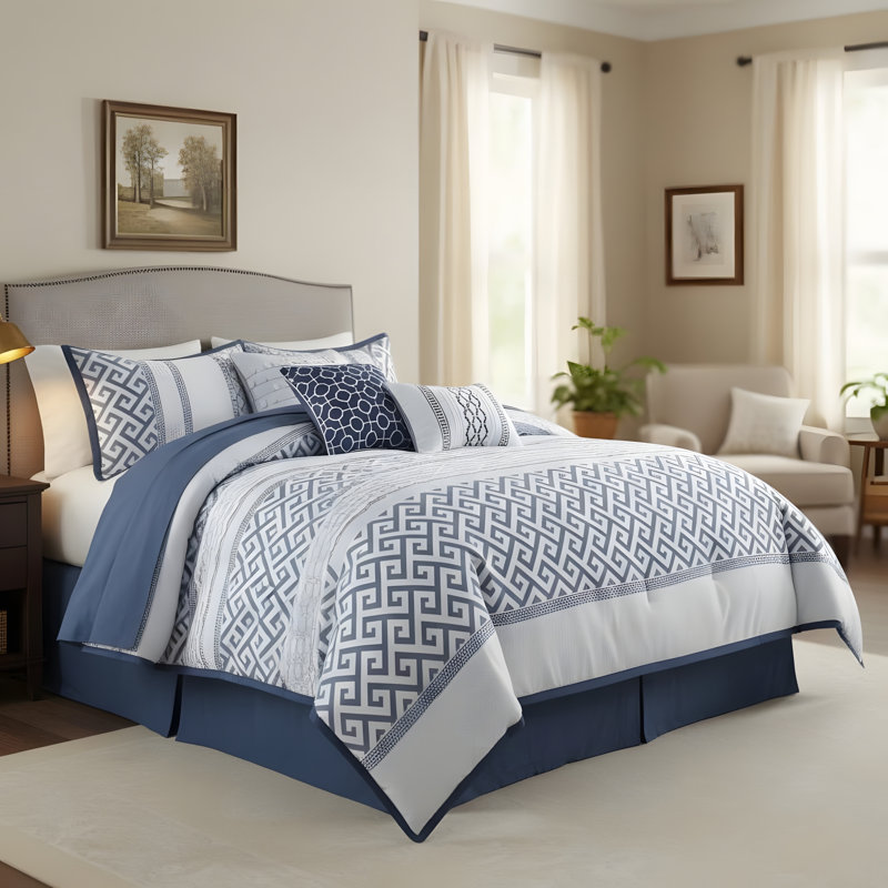 Polyester Jacquard Comforter 7 Piece Set, King Comforter + 6 Additional Pieces, Navy