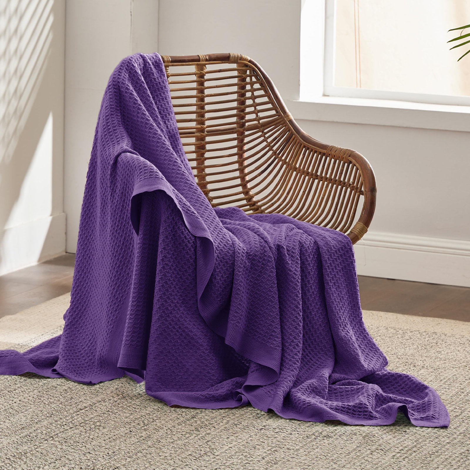 Bedsure Cotton Waffle Weave Throw Blanket, Queen, Purple