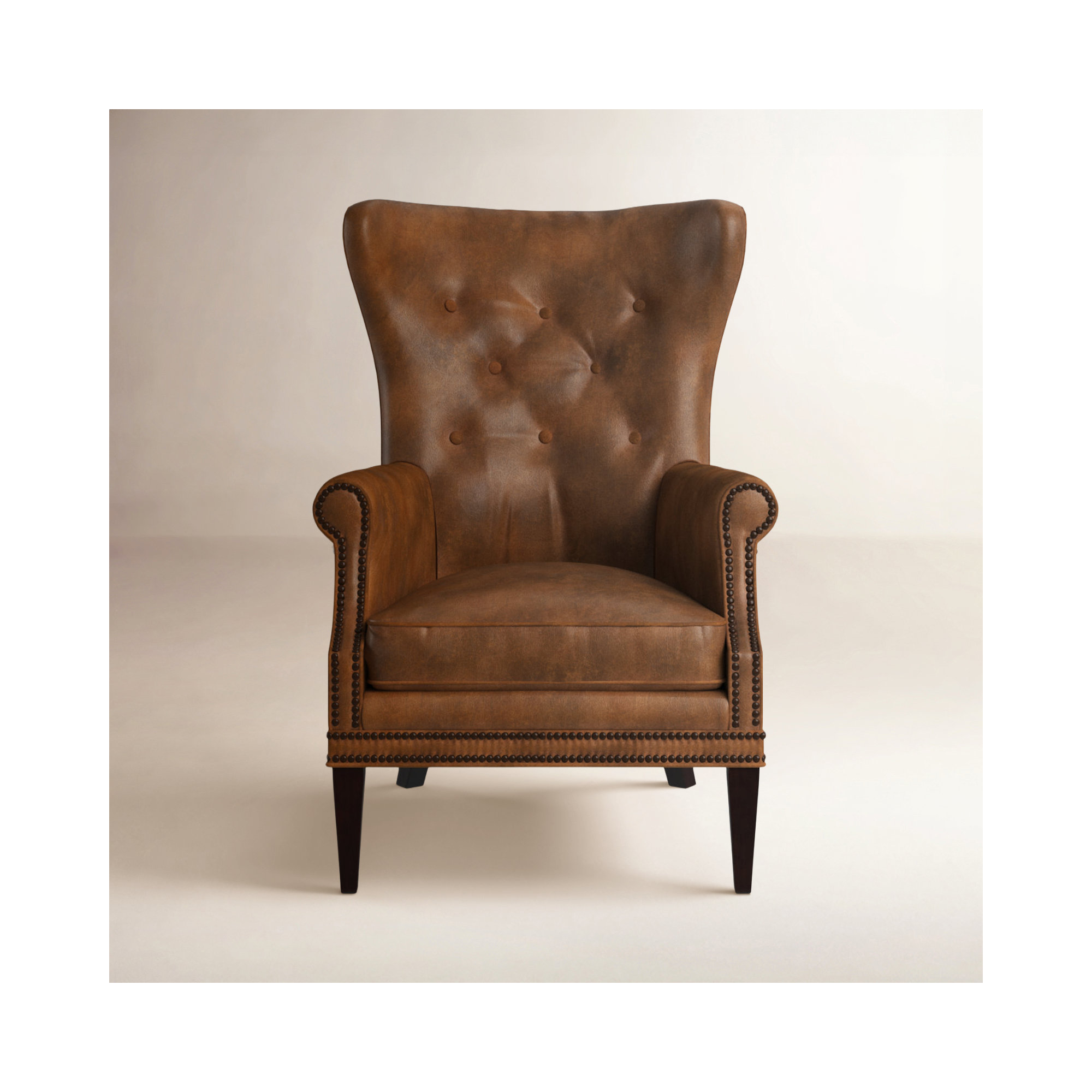 Maya Upholstered Wingback Chair, Brown Genuine Leather