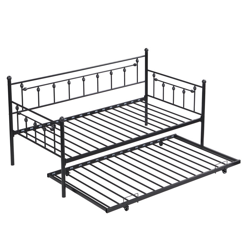 Lit de jour noir avec lit gigogne - choix de chambre à coucher moderne pour un espace de détente, fabrication métallique à long terme, fonction d'économie d'espace, environnement calme et apaisant, cadre de lit facile à assembler, sans sommier